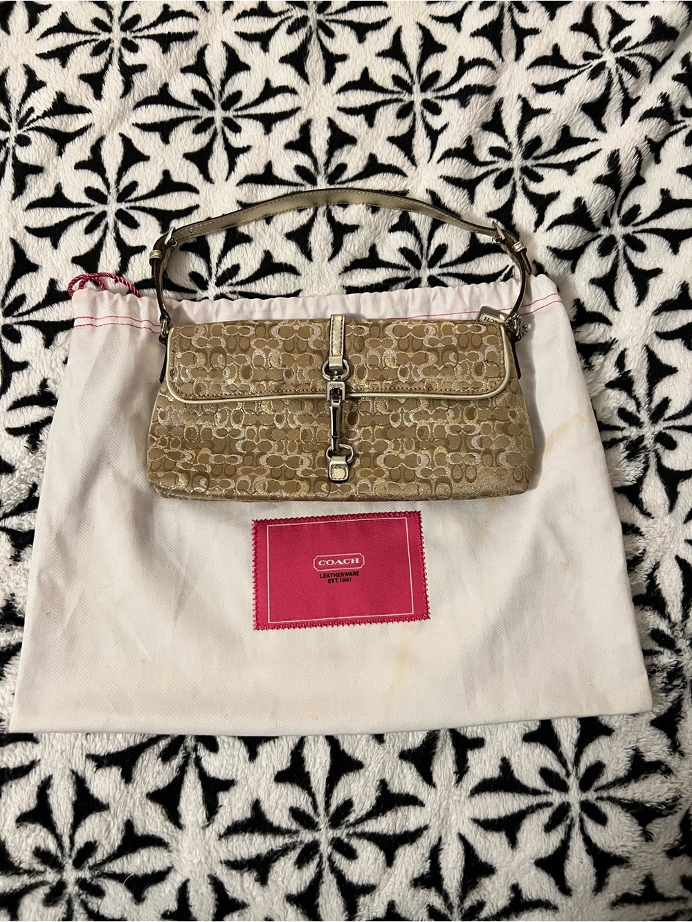 Coach Khaki Signature Jacquard Shoulder Bag with Gold Hardware